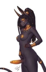 1futa accessory anthro anubian_jackal armor balls black_body black_fur black_hair black_nose bracers breasts canid canine canis dreadlocks erection eyelashes fur furgonomics futanari genitals gold_(metal) gold_jewelry gynomorph hair hand_on_hip hi_res humanoid_genitalia humanoid_penis intersex jackal jewelry mammal nipples nude penis personalami red_eyes simple_background smile solo tail tail_accessory tail_jewelry white_background yellow_nipples