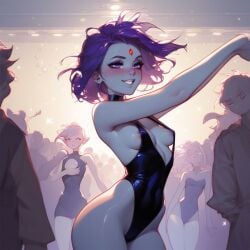 ai_generated dancing drunk forehead_jewel leotard nipple_slip purple_hair rachel_roth raven_(dc) sideboob