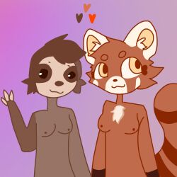 2females 2girls anthro breasts female_furry fur_tuft furries furry furry_breasts furry_female hearts_around_head lesbian_couple lgbt_couple panda red_panda sloth sloth_girl white_ears yuri