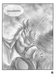 2010 anthro anthro_on_feral canine claws closed_eyes comic cum dialogue dragon duo erection feral fur furry greyscale horn hug interspecies knot male male_only mammal monochrome multiple_males orgasm penis rukis scalie size_difference sketch text vein wings wolf yaoi zoophilia