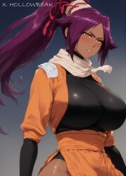 1girls ai_generated bangs big_breasts bleach blush breasts clothed eyebrows female female_only gigantic_breasts hair hair_ornament hair_ribbon hair_tie hairband hollowbeak huge_ass huge_breasts japanese_clothes long_hair ninja_girl outfit purple_hair scarf shihouin_yoruichi shiny shiny_clothes shiny_hair shiny_skin shirt solo tagme thick thick_thighs tight_clothing tight_fit yellow_eyes