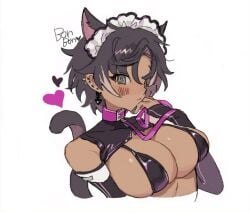 bikini_top blush blushing_at_viewer bon73p bon_(bon73p) bon_(vtuber) breast_squish breasts breasts_squeezed_together cat_ears cat_tail catgirl holding_leash indie_virtual_youtuber latex leash leash_and_collar leashed_collar maid_headdress midriff shoulders tight_clothes tight_clothing tiny_bikini virtual_youtuber