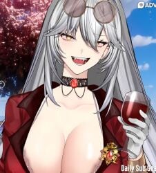 1girls bedroom_eyes big_breasts black_choker black_collar bra_peek canine_teeth choker clavicle cleavage cleavage_cutout collar glasses_on_head half-closed_eyes large_breasts massive_breasts open_mouth screenshot sharp_teeth smiling teeth teeth_showing tongue twitch virtual_youtuber vshojo wine wine_glass zentreya