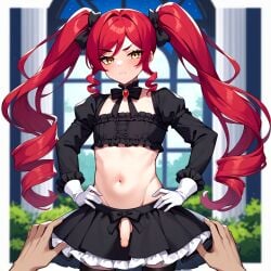 1boy ai_generated annoyed annoyed_expression crimson_hair femboy flaccid flaccid_penis gay gloves goth gothic_fashion hairbow hands_on_hips neuai original otoko_no_ko otokonoko penis red_hair stable_diffusion twintails upset wavy_hair white_gloves yaoi yellow_eyes