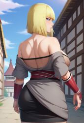 1girls ai_generated arm_guards ass ass_focus bangs bare_back big_ass blonde_hair blue_eyes blunt_bangs blush bob_cut breasts busty clothing curvaceous curvy_female curvy_hips dress female female_only fingerless_gloves fishnet_shirt fishnet_top fishnets footwear from_behind gloves high_resolution huge_ass huge_breasts kneehighs large_ass large_breasts light-skinned light-skinned_female looking_at_viewer looking_back marlosart mature mature_female naruto naruto_shippuden naughty_face plump samui shiny shiny_skin shirt short_hair short_sleeves solo thick_thighs thighs voluptuous wet wide_hips