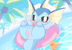 anus ass avian bird blue_body blue_sky blush body_blush brown_sclera cloud coconut coconut_tree colored digital_drawing_(artwork) digital_media_(artwork) drupe_(fruit) eeveelution female feral fin food fruit fruit_tree generation_1_pokemon genitals head_fin hi_res inflatable looking_at_viewer nintendo o_rings palm_tree pawpads paws pink_pawpads pink_vulva plant pokemon pokemon_(species) pool_float popsicle popsicle_in_mouth presenting presenting_hindquarters presenting_vulva pupils raised_leg rubber_duck sky solo spread_legs spreading summer tree vaporeon vulva vulva_blush waruwaru0205 water white_pupils