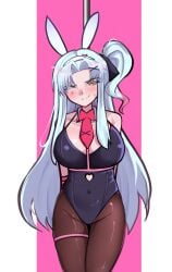 1girls angela_(lobotomy_corporation) annoyed big_breasts blue_hair blush bunny_ears bunnysuit clothing corset female female_focus female_only library_of_ruina lobotomy_corporation long_hair one_eye_closed pantyhose project_moon rabbit_hole_(vocaloid) thighs vein very_long_hair yellow_eyes