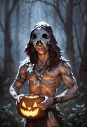 1boy 2024 abs ai_generated avaru brown_hair clothes clothing forest halloween hood human human_only humanoid jack-o'-lantern loincloth male male_focus male_only mammal mask muscular muscular_male necklace nipples obscured_face primal_wilds pumpkin skull_mask solo tribal