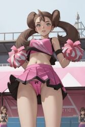 1girls ai_generated blue_eyes brown_hair cheerleader cheerleader_outfit cheerleader_uniform clothed crop_top cropped_legs exposed_panties exposed_thighs female female_focus female_only from_below long_hair longjohnsingleduct looking_at_viewer midriff navel panties pink_clothing pink_crop_top pink_outfit pink_panties pink_pom_poms pink_skirt pokemon pom_poms quad_tails shauna_(pokemon) skirt solo solo_female solo_focus stadium_background thighs upskirt