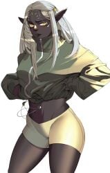 black_legwear black_skin blush breasts cithis clothes_lift clothing colored_skin cowboy_shot dark-skinned_female dark_elf dark_skin dungeon_meshi elf facial_mark female female_only forehead_mark green_jacket jacket jobin_chan large_breasts legwear lips long_hair long_sleeves looking_at_viewer makeup navel navel_piercing original piercing pointed_ears shorts simple_background solo thighs underwear very_dark_skin white_background white_hair white_shorts yellow_eyes zipper_pull_tab