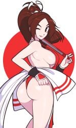 1girls ass brown_eyes brown_hair bubble_butt fatal_fury huge_breasts jeffmiga king_of_fighters long_hair looking_at_viewer looking_back mai_shiranui ponytail voluptuous wink