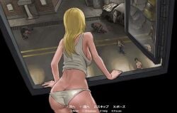 1girls arm_support ass back back_view bedroom big_breasts blonde_hair blood breasts building female from_behind game_cg horror_(theme) indoors large_breasts leaning_forward long_hair night outdoors panties parasite_in_city pixel_factory street tagme tank_top underwear watching white_panties window zombie