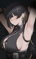 1girls armpit armpits arms_behind_head arms_up black_hair earrings female female_focus female_only female_rover_(wuthering_waves) hands_behind_head hands_up huge_breasts light-skinned_female light_skin long_hair looking_at_viewer nvl rover_(wuthering_waves) sideboob sweat sweatdrop sweating sweaty tagme wuthering_waves yellow_eyes