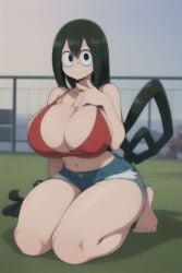 ai_generated bra breasts_bigger_than_head green_hair huge_breasts jean_shorts my_hero_academia on_knees thick_thighs tsuyu_asui