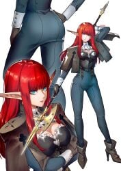 2024 atlus big_ass blue_eyes blunt_bangs boots eiselin_hulkenberg elf elf_ears fit_female gloves high_heels hime_cut hulkenberg long_hair long_legs metaphor:_refantazio open_jacket red_hair sega slim_waist spear tight_clothing yuenmi25