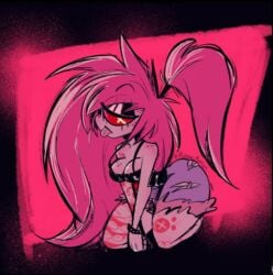 :p big_ass big_breasts black_topwear blep booty_shorts cherri_bomb_(hazbin_hotel) cropped_image demon demon_girl fluffy_hair hazbin_hotel on_knees one_eye pale-skinned_female pale_skin pink_eyes removed_watermark simple_background tattoo thick_thighs tongue_out vivienne_medrano vivziepop wayward_martian