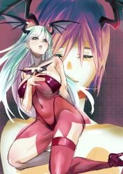 2girls big_breasts breasts busty capcom cleavage closed_eyes darkstalkers demon_girl drawn feet female female_only green_hair hand_on_own_chest heels high_heels highres kneeling large_breasts legs lilith_aensland lingerie long_hair looking_at_viewer morrigan_aensland multiple_girls navel parted_lips purple_hair see-through sensual short_hair smile succubus thighs thong underwear