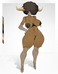 anthro areola biped bouffalant brown_body female generation_5_pokemon genitals hair hair_over_eye hand_on_hip hi_res looking_at_viewer nintendo nipple_piercing nipples one_eye_obstructed piercing pokemon pokemon_(species) pussy pussy_floss solo thick_thighs vtalna