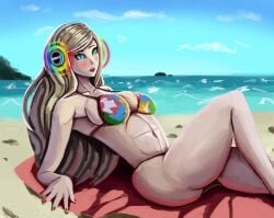 1girls ann_takamaki beach beach_towel bikini blonde_hair breasts clouds cyn1calrobot foolycooly headphones hypnosis large_breasts long_hair midriff mind_control multicolored_bikini multicolored_eyes multicolored_swimsuit navel ocean outside painted_fingernails persona persona_5 sky swimsuit water