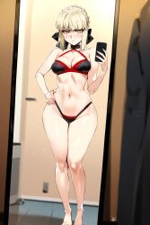 1girls ai_generated artoria_pendragon_(alter) bathroom bikini blonde_female blonde_hair fate_(series) female_focus female_only golden_eyes hair_ribbon leo_over_heaven light-skinned_female medium_breasts mirror_selfie solo_female thick_thighs wide_hips