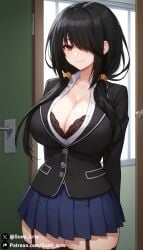 ai_generated alternate_breast_size black_hair bra cleavage date_a_live gumi_arts hair_over_one_eye huge_breasts indoors looking_at_viewer raizen_high_school_uniform red_eyes school_uniform skirt smile stable_diffusion thick_thighs tokisaki_kurumi