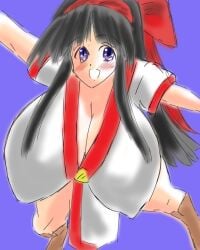 1girls ainu_clothes big_breasts black_hair blue_eyes blush breasts busty cleavage covered_erect_nipples from_above hair_ribbon highres huge_breasts king_of_fighters large_breasts legs looking_at_viewer massive_breasts nakoruru oekaki open_mouth pelvic_curtain ribbon samurai_shodown smile snk solo thighs voluptuous