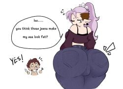 2girls aged_up amity_blight baecohn cameltoe chibi clothed english_text fat_ass female female_only jeans luz_noceda multiple_girls purple_hair solo_focus text the_owl_house thick_thighs