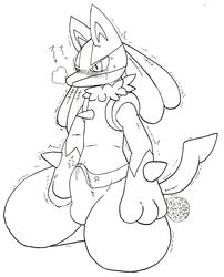 1boy 2014 anthro blush bulge canine clothing cula embarrassed erection fur japanese_text kneeling lucario male male_only mammal nintendo penis pokemon pokemon_(species) precum solo spikes sweat tears text translated video_games