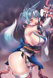 animal_ear_fluff animal_ears ass bare_shoulders blue_hair blush breasts female female_pubic_hair fingerless_gloves fox_ears fox_girl fox_tail from_side gloves highres japanese_clothes kemonomimi monster_girl open_mouth original panties pink_eyes pubic_hair restrained revealing_clothes sawaya_(mizukazu) side-tie_panties sideboob speech_bubble tail tentacle tentacle_in_mouth tentacle_on_female thighhighs trembling underwear white_thighhighs