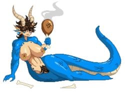 areola big_breasts blue_scales breasts brown_hair dragon drakthug female gold hair horn meat nipple_piercing nipples norael nude piercing pixel_art pubes solo steam transparent_background voluptuous wide_hips