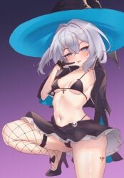 1girls alternate_costume azur_lane belly_button black_glove black_heels black_panties blue_eyes blush breasts dlinne female female_only fishnet fishnet_legwear glove grey_hair hat heart-shaped_pupils heels inviting iron_blood_(azur_lane) jade_(a_good_girl's_magic)_(azur_lane) jade_(azur_lane) light-skinned_female light_skin medium_breasts official_alternate_costume panties pantyshot seductive skirt solo symbol-shaped_pupils tattoo tattoo_on_thigh witch_hat