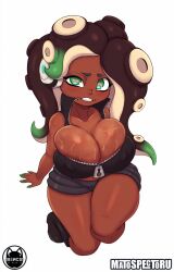 1girls bencs big_breasts black_hair bodily_fluids cleavage color color_edit colored dark-skinned_female dark_skin female female_only green_eyes large_breasts looking_at_viewer marina_(splatoon) matospectoru nintendo nipple_bulge shorts solo solo_female solo_focus splatoon splatoon_2 sweat sweatdrop sweaty_breasts thick_thighs thighs wide_hips zipper