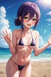 1girls ai_generated artist_request beach bikini blush bra breasts chainsaw_man female_focus female_only green_eyes hair_between_eyes medium_breasts panties purple_hair reze_(chainsaw_man) short_hair thick_thighs thighs wet