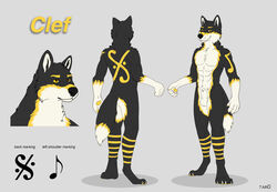 1boy 2014 anthro balls black_fur canine claws clef clefwolf fur looking_at_viewer male male_only mammal markings model_sheet musical_note nude pawpads paws sheath smile solo symbols tar0 text white_fur wolf yellow_eyes yellow_fur