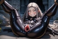 ai_generated armor ass belt black_bodysuit black_legwear bodysuit crazy_eyes gaping_pussy gauntlets grin latex leather leather_boots leather_clothing leather_straps legs_up presenting smile spread_legs thick_thighs wanton_excess