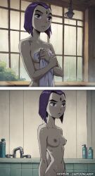 1girls ai_generated breasts cartoon_network cartoony comic comic_page comic_panel dc dc_comics female naked naked_female nude nude_female purple_hair rachel_roth raven_(dc) sequence striped stripping superhero superheroine teen_titans towel towel_around_waist towel_only tv
