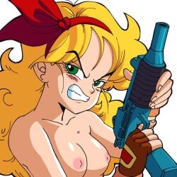 bad_launch blonde_female blonde_hair blonde_hair_female breasts casual dragon_ball edit edited edited_image female female_focus female_only firearm green_eyes handgun handwear human kolsan launch nude nude_edit nude_female pale_skin weapon