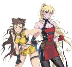 2girls adapted_costume bent_over black_pantyhose blonde_hair blue_eyes blush breasts brown_hair cleavage closed_mouth crutch_c deadpool_&_wolverine_(2024) dress female fingerless_gloves genderswap_(mtf) gloves green_eyes hand_on_own_hip hand_on_own_thigh highres lady_deadpool long_hair looking_at_viewer marvel marvel_cinematic_universe medium_breasts multiple_girls navel pantyhose ponytail red_dress red_gloves rule_63 rule_63 scar scars_all_over shorts simple_background sleeveless smile teeth too_many two-tone_dress very_long_hair white_background wolverine_(x-men) x-men yellow_shorts