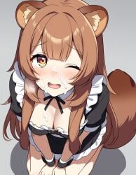 1girls ai_generated animal_ears brown_hair cleavage cum cum_on_face heavy_breathing kslgsnb maid maid_outfit racoon_ears racoon_girl raphtalia tate_no_yuusha_no_nariagari the_rising_of_the_shield_hero yodayo