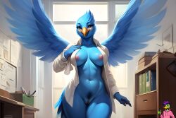 ai_generated avian bird bird_girl blue blue_body blue_hair breasts furry pubic_hair pussy rxmurloc34 standing vagina wings yiff