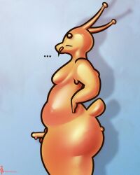 absurd_res antennae_(anatomy) anthro ass belly big_butt blob_creature cleft_tail curvy_anthro curvy_figure curvy_male erection gastropod genitals glistening glistening_body goo_creature hands_on_sides hi_res hybrid lagomorph leporid male mammal mollusk moobs oozing orange_body penis pose presenting presenting_penis rabbit slime slug solo tail thick_thighs torartlol voluptuous wide_hips