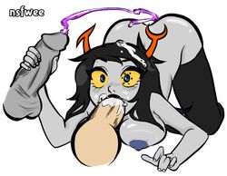 1girls 2boys black_hair black_lips blowjob blue_eyes blue_nipples blush breasts cum cum_in_mouth cum_on_hair disembodied_penis fellatio female grey_skin handjob homestuck horns long_hair ms_paint_adventures nipples nsfwee penis solo surprised troll vriska_serket white_background