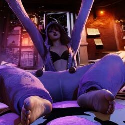 3d barefoot big_feet black_hair feet foot_fetish juri_han nail_polish nibs3d onesie pajamas partially_clothed pillow purple_eyes purple_hair scrunched_toes sleepy soles solo solo_female street_fighter street_fighter_6 tagme toes white_skin yawn yawning