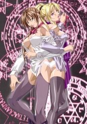 2girls adult ass back_to_back bare_shoulders bible_black bible_black_new_testament blonde_hair blunt_bangs bottomless bowtie brown_hair choker clothing collar earrings female female_only garter_belt garter_straps green_eyes imari_kurumi lingerie lipstick long_hair makeup midriff mostly_nude multiple_girls mutual_yuri no_bra official_art open_clothes open_shirt panties partially_clothed pentagram pinup ponytail promotional_art pulled_by_another purple_eyes revealing_clothes saeki_kaori scarf shin_bible_black shirt side_ponytail skimpy skimpy_clothes skirt skirt_around_ankles skirt_down smile stockings traditional_media traditional_media_(artwork) unbuttoned unbuttoned_shirt underwear undressing undressing_another undressing_partner very_long_hair yoshiten yuri
