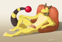 1boy 2014 3_toes ampharos anthro anthrofied balls blue_eyes digitigrade dreiker half-closed_eyes half-erect humanoid_penis looking_at_viewer male male_only muscles navel nintendo orb pecs penis pillow pokemon pokemon_(species) precum reclining seductive sharu side_view smile solo toes toned video_games