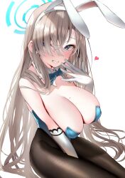 animal_ears asuna_(blue_archive) asuna_(bunny)_(blue_archive) asymmetrical_bangs bare_chest bare_shoulders black_pantyhose blonde_hair blue_archive blue_bowtie blue_bunnysuit blue_eyes blue_halo blue_leotard blush bow bowtie breasts bunny_ears bunny_girl bunny_tail cleavage collar detached_collar fake_animal_ears female gloves hair_over_one_eye halo hand_between_legs heart huge_breasts leotard long_bangs long_hair looking_at_viewer mole mole_on_breast nidaime_(doronbo) official_alternate_costume one_eye_covered pantyhose playboy_bunny rabbit_ears simple_background slender_body slender_waist slim_girl slim_waist smile smiling smiling_at_viewer solo strapless strapless_leotard thesecond thick_thighs thin_waist upper_body white_background white_bunny_ears white_collar white_gloves