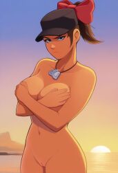 ai_generated beach belly_button bow breasts casual_nudity completely_nude covering_breasts femscout grimmm8 hat hourglass_figure looking_at_viewer necklace nsfw outdoors pony_diffusion_xl ponytail rule_63 scout_(team_fortress_2) standing sunset team_fortress_2 unamused vagina valve wide_hips