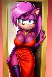 ai_generated ass breasts dress furry magenta_body oiled pink_hair seductive shiny_skin sonia_the_hedgehog sonic_(series) sonic_the_hedgehog_(series) sonic_underground two_tone_body