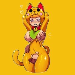 1girls animal_ears areolae arms_behind_head bea_(brawl_stars) bell bell_collar biting_lip blush bodysuit brawl_stars breast_grab breasts cat_costume cat_ears cat_tail collar disembodied_hand female gold_clothing grinding groping groping_from_behind heart-shaped_pupils looking_up medium_breasts neko_bea_(brawl_stars) nipples orange_hair penis precum pussy red_eyes smile standing tail thigh_sex thighs thony_690 torn_clothes yellow_clothing