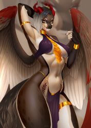 anthro athletic athletic_female bangle barely_visible_genitalia barely_visible_nipples barely_visible_pussy bottomwear breasts clothed clothing dragon ember_(kamikazekit) feathered_dragon feathered_scalie feathered_wings feathers female genitals hand_behind_head hi_res horn jewelry kilbi loincloth looking_at_viewer midriff mythological_creature mythological_scalie mythology navel nipples no_underwear purple_clothing pussy scalie skimpy skimpy_bottomwear skimpy_topwear smile smiling_at_viewer solo tan_body tan_feathers thick_thighs translucent translucent_bottomwear translucent_clothing translucent_topwear wings yellow_eyes